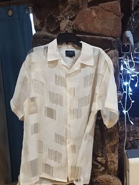 Montique Short-Sleeve Patterned Linen Shirt - Cream